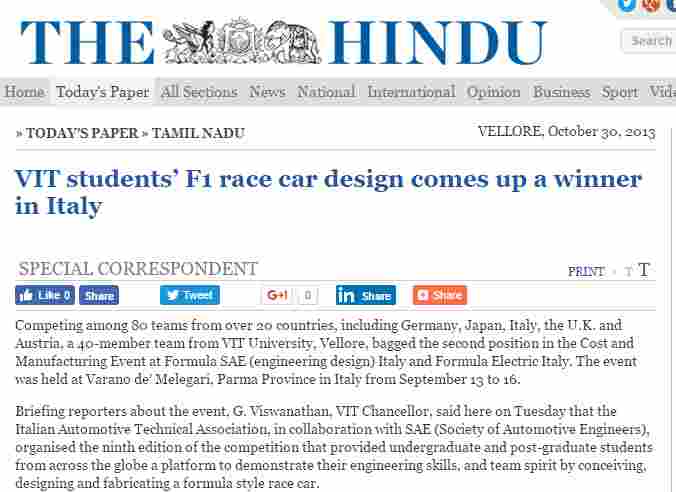 VIT students’ F1 race car design comes up a winner in Italy